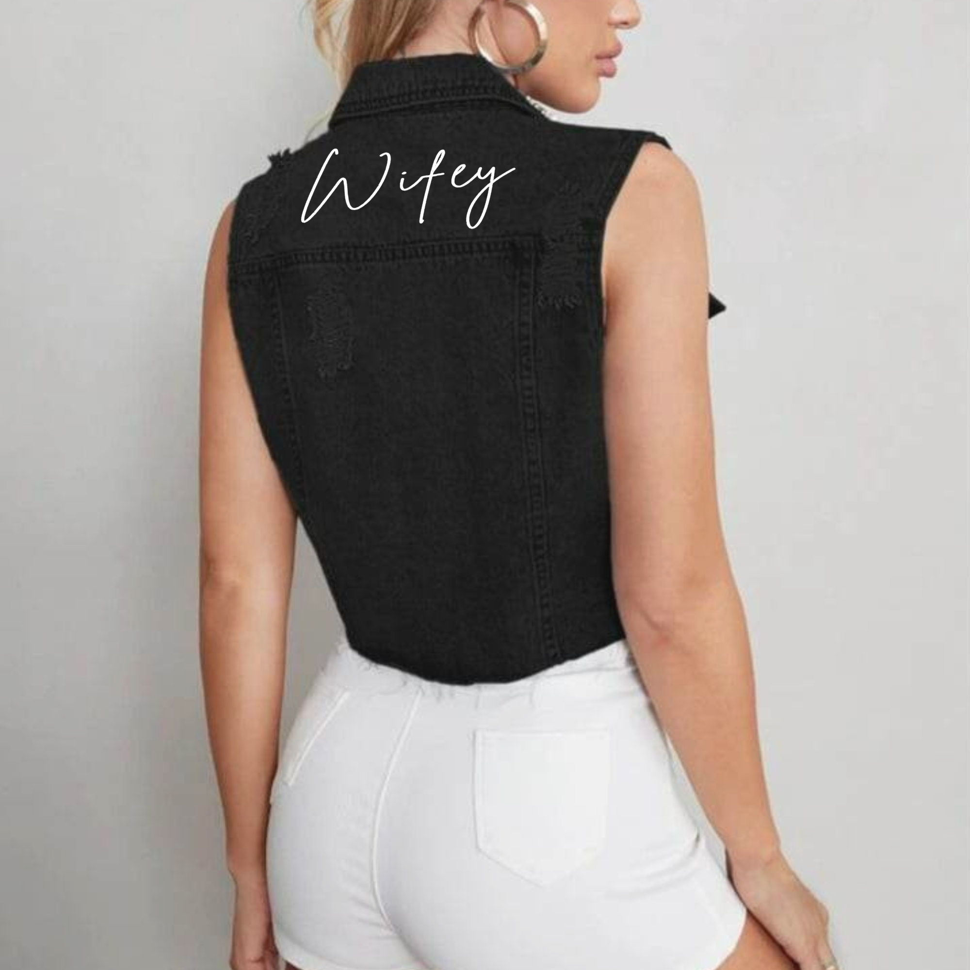 Personalized Pearl Beaded Black Cropped Denim Vest